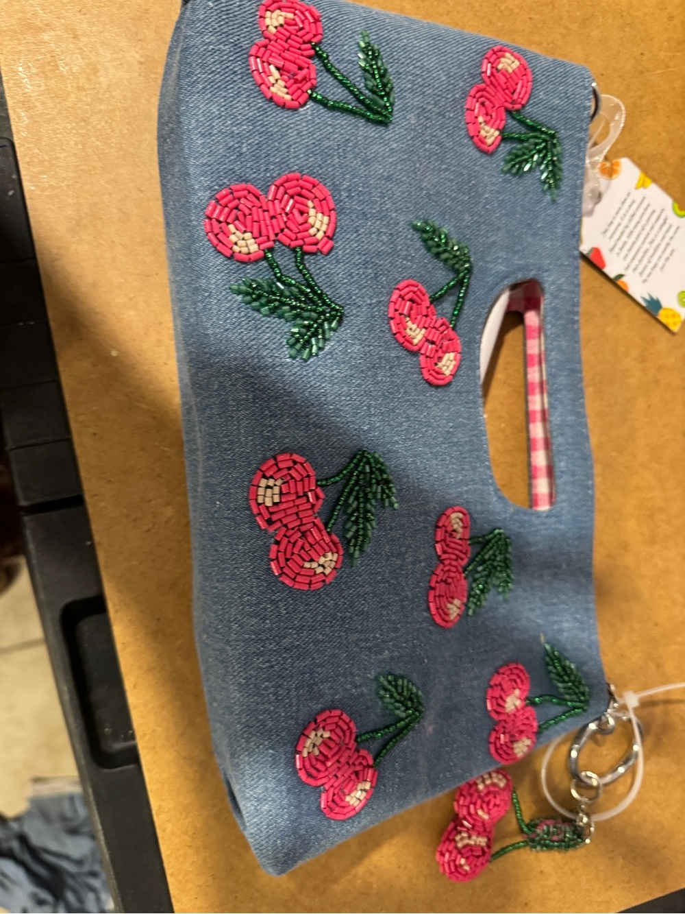 Embellished Denim Cherry Clutch - Pink & Green